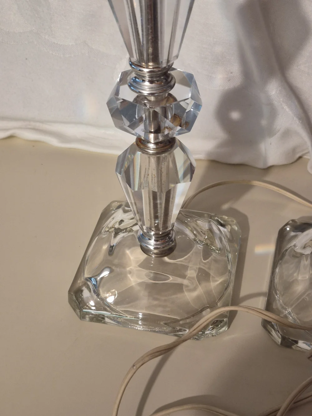 MCM Crystal Glass Pair Table Lamps - Clear Glass Accent